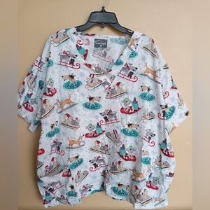 Butter-Soft Multicolor Sleighing Puppies Scrub Top 3X